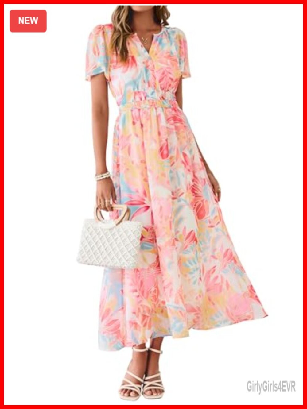 Women Floral Chiffon Maxi Dress V Neck Short Sleeve Boho Wedding Guest